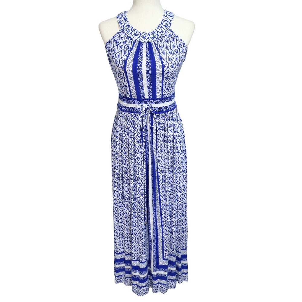 Calvin Klein Geometric Halter Maxi Dress S Blue White Jersey Boho Beach Goddess